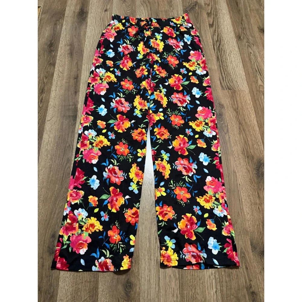 Bobbie Brooks Sleepwear Womens Size S Black Floral Pajama Pants Wide Leg