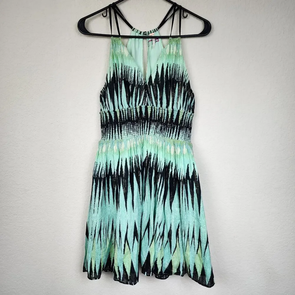 Free People Black Green Mini Metallic Fit Flare Dress