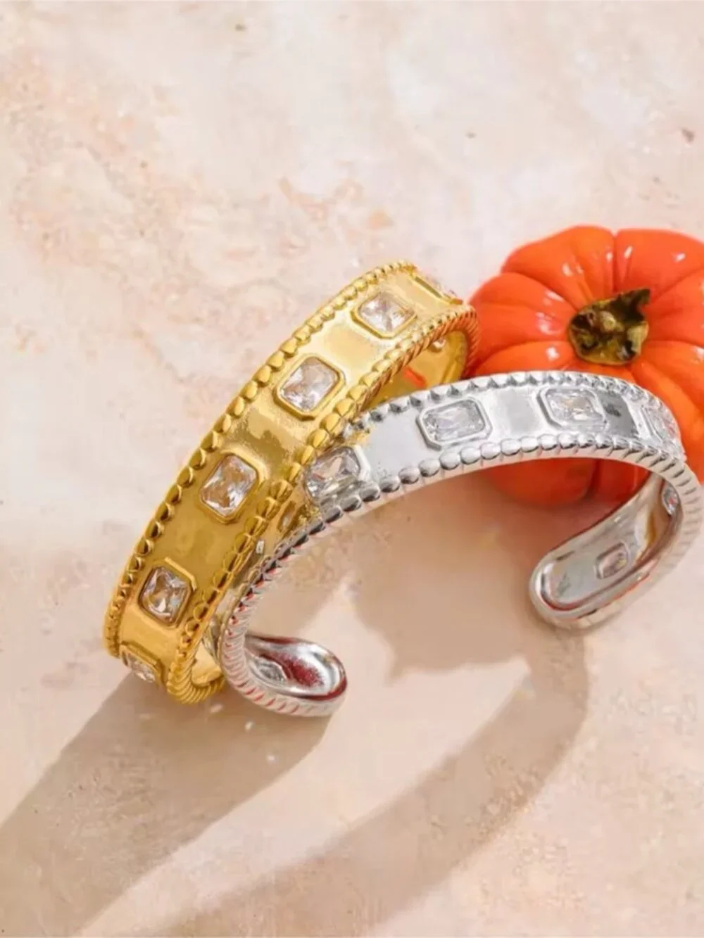 Gold and Silver color Crystal-Set Open Cuff Bracelets. Pair.