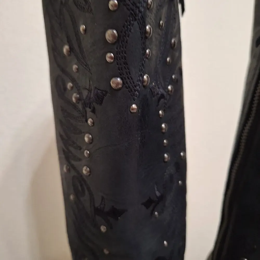 Justin Reba Queen Western Black Leather Studded Square Toe Boot Womens 7