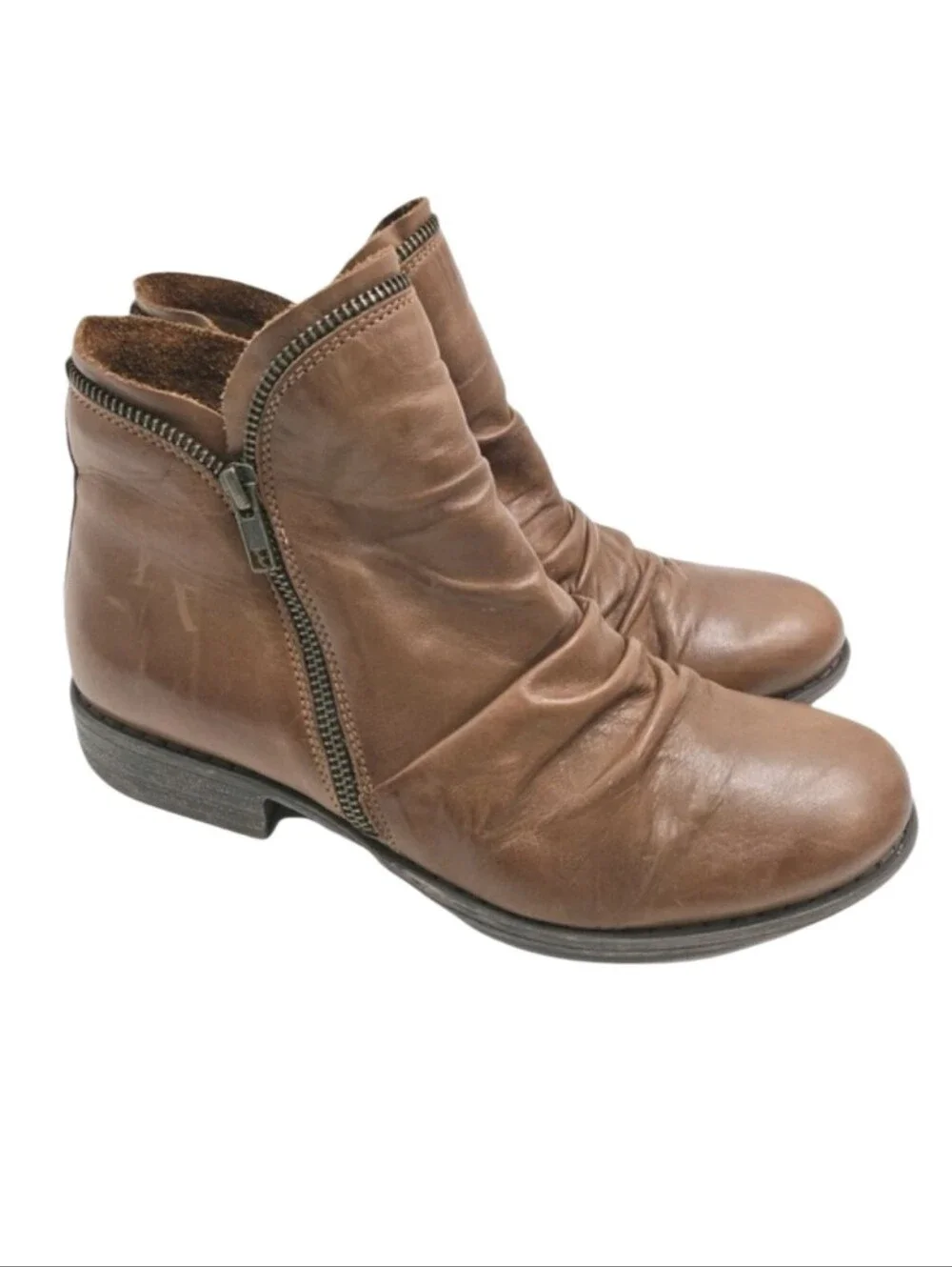 Miz‎ Mooz Luna Ankle Boots Women's Size 10 Brown Leather Rouched Zip Side