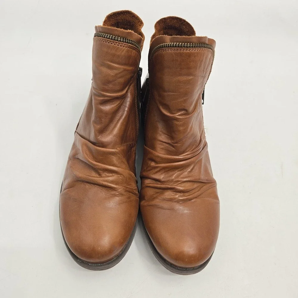 Miz‎ Mooz Luna Ankle Boots Women's Size 10 Brown Leather Rouched Zip Side