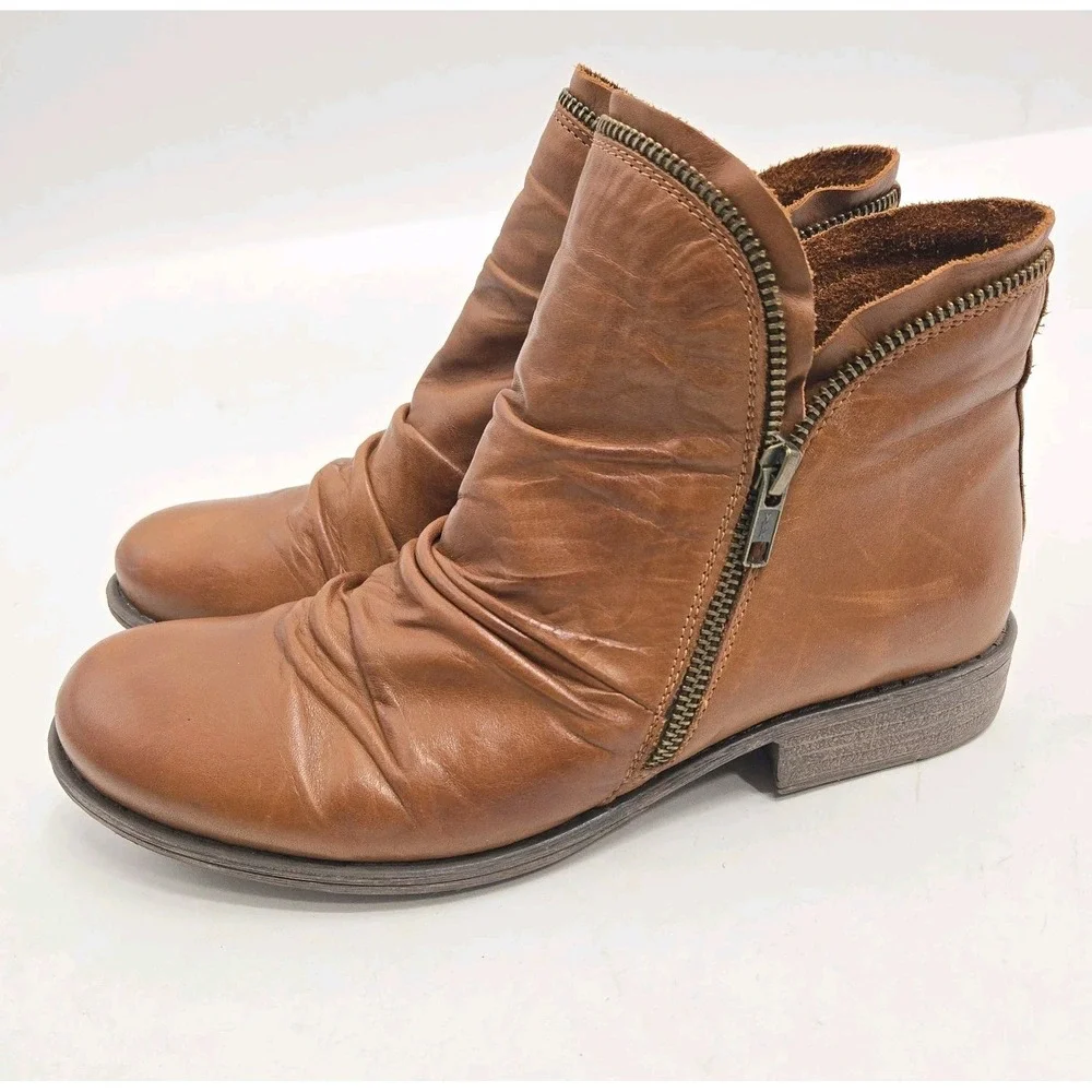 Miz‎ Mooz Luna Ankle Boots Women's Size 10 Brown Leather Rouched Zip Side