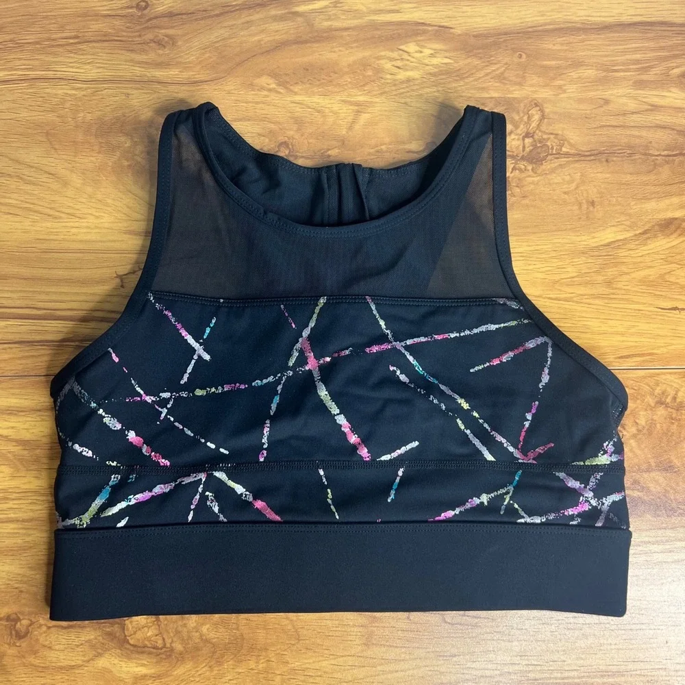 Zyia Active Sports Bra Size M‎ Black Iridescent High Neck Mesh Zip Racerback