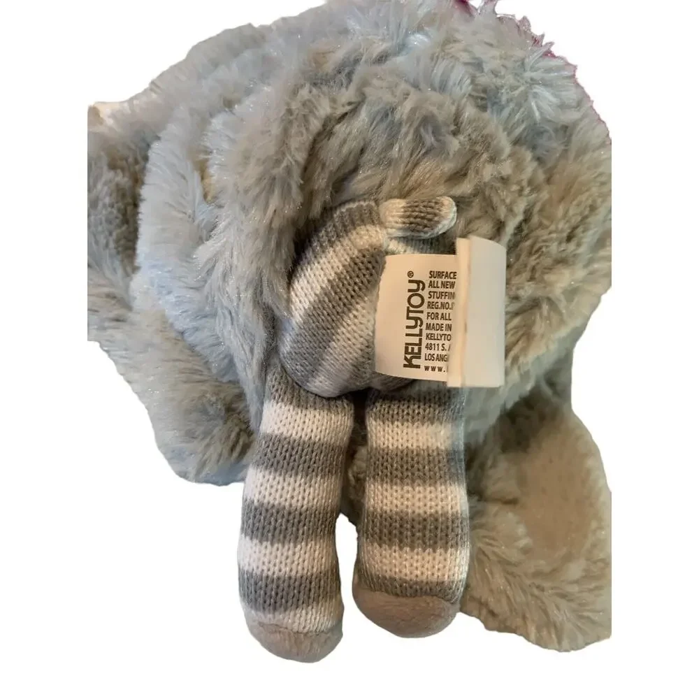 Kellytoy Gray White Stripe Elephant Knit Plush‎ Security Blanket Rattle Lovey