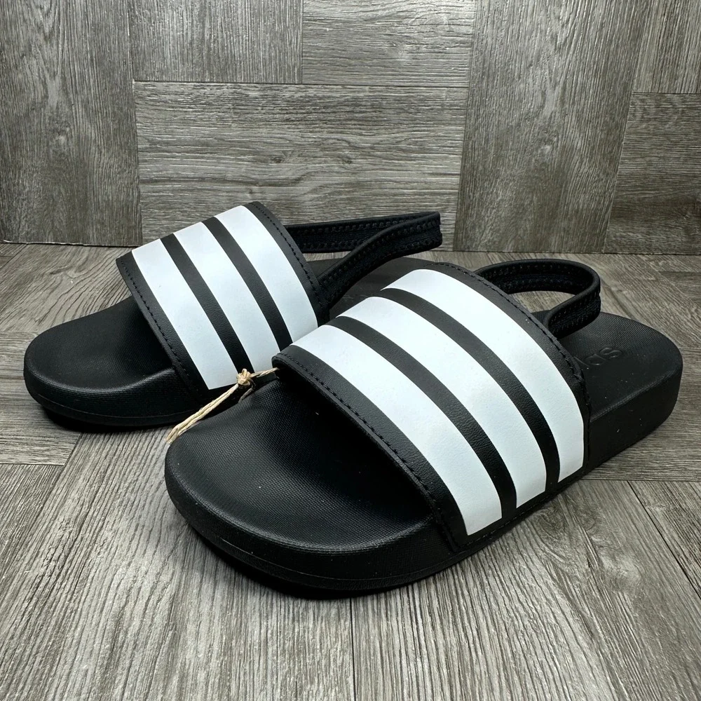 Adidas Adilette ESTRAP C‎ Kids Size 1 Black White Striped Backstrap NEW GZ5245