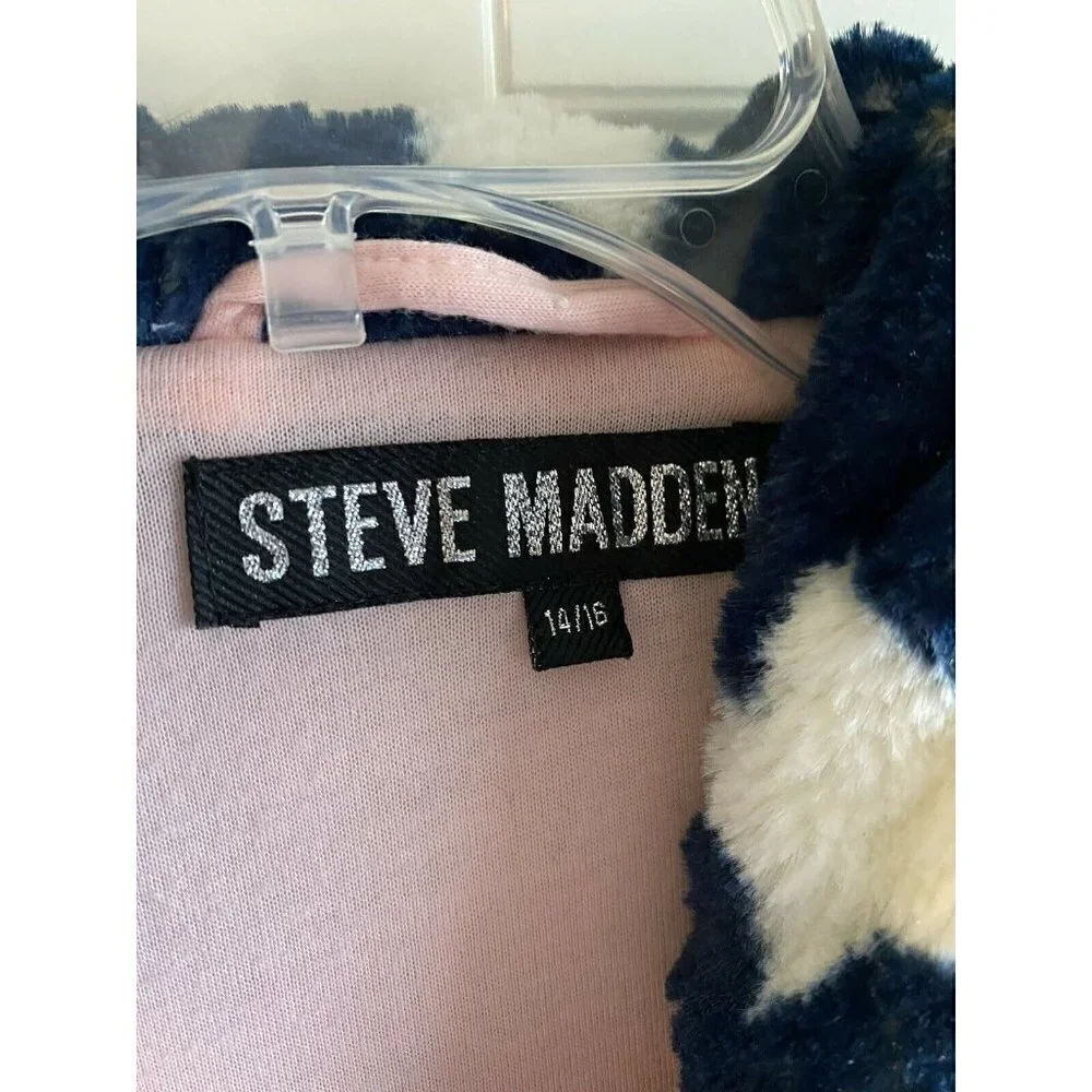 Steve Madden Sz 14/16 Girl’s Blue Faux‎ Fur White Stars Zip Jacket Coat