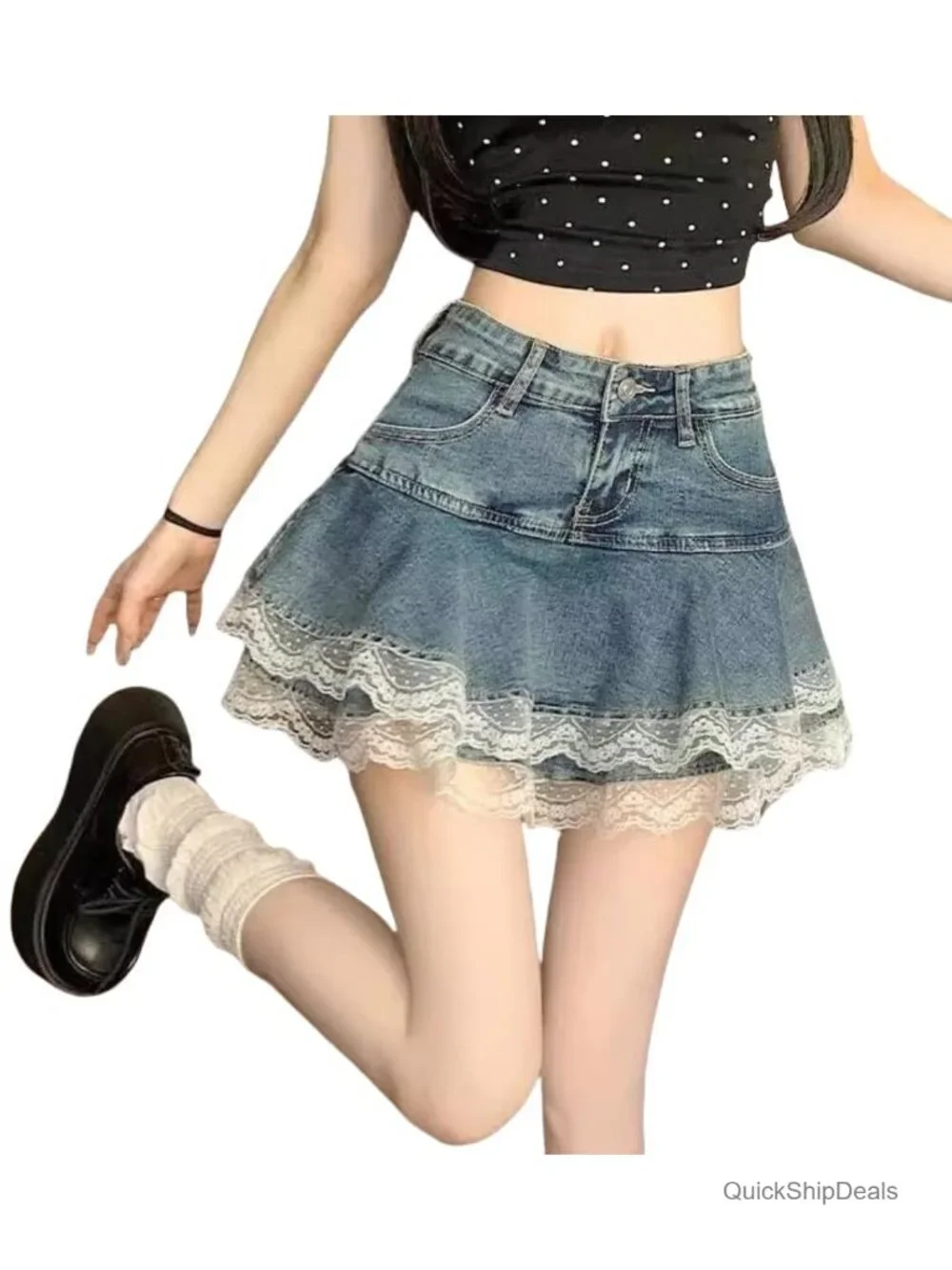 Y2K High Waist Denim Mini Skirt Lace Trim Layered A-Line