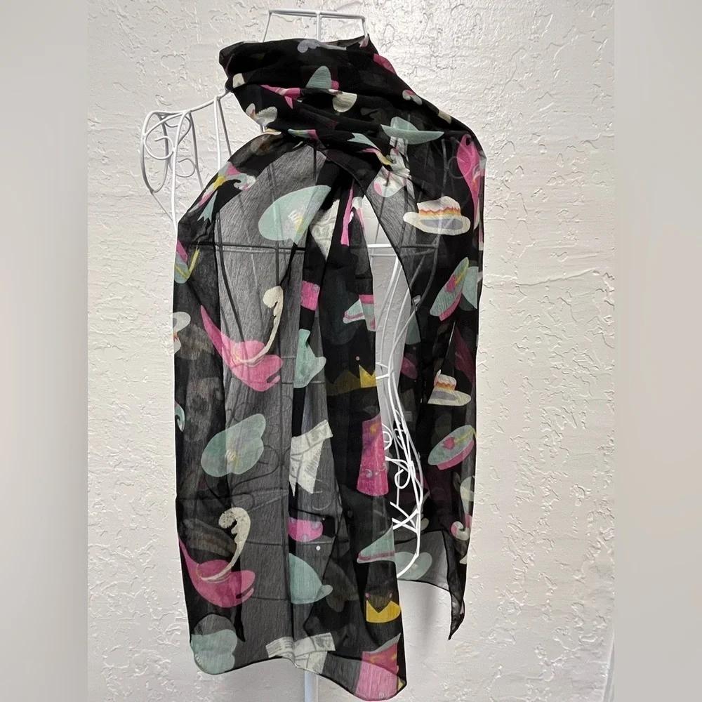 Vintage Black Scarf with Colorful Hat Print - 20” x 72”