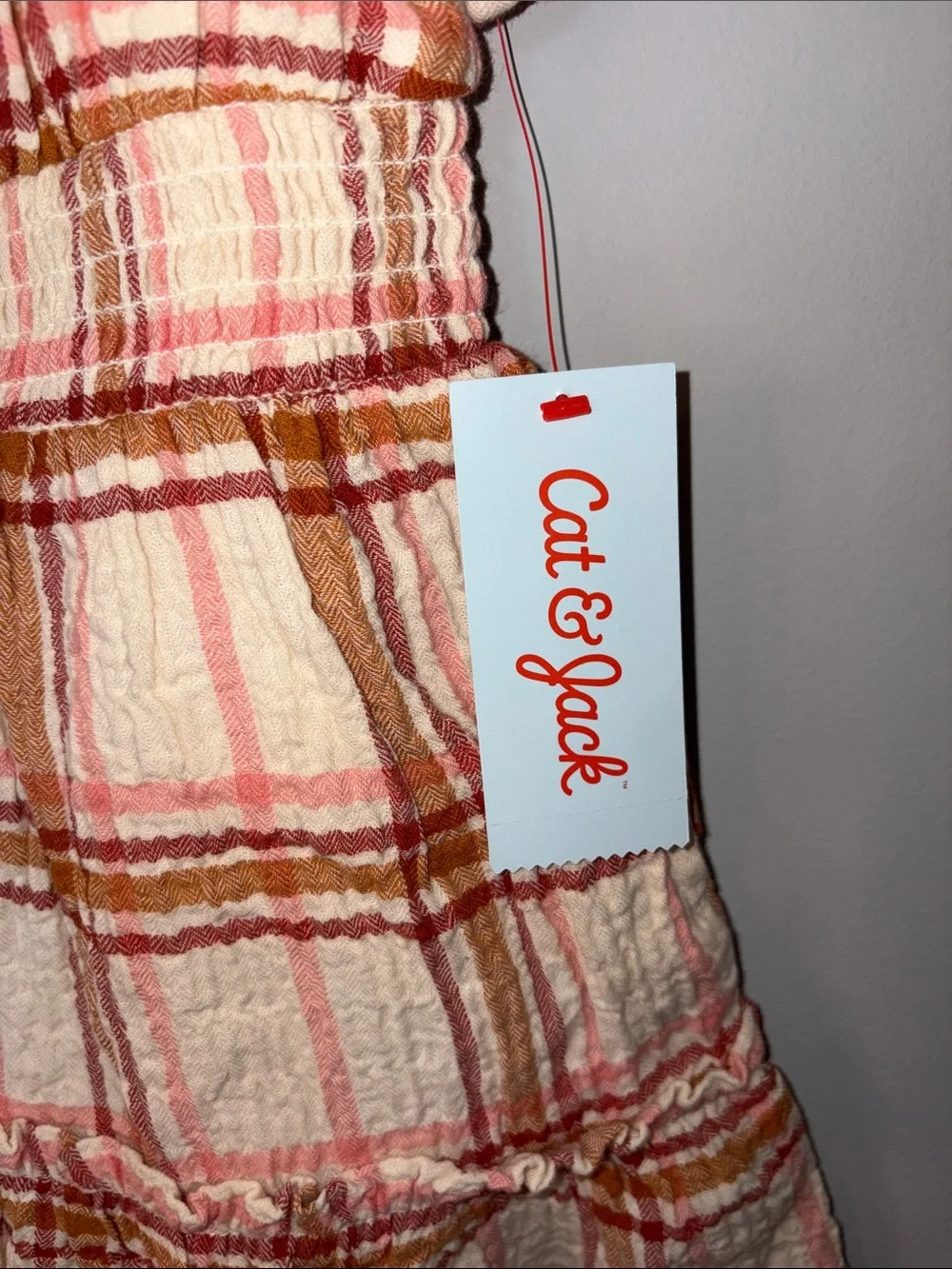 NWT Cat & Jack Cream and Pink Plaid Smocked Waist Dress Youth S