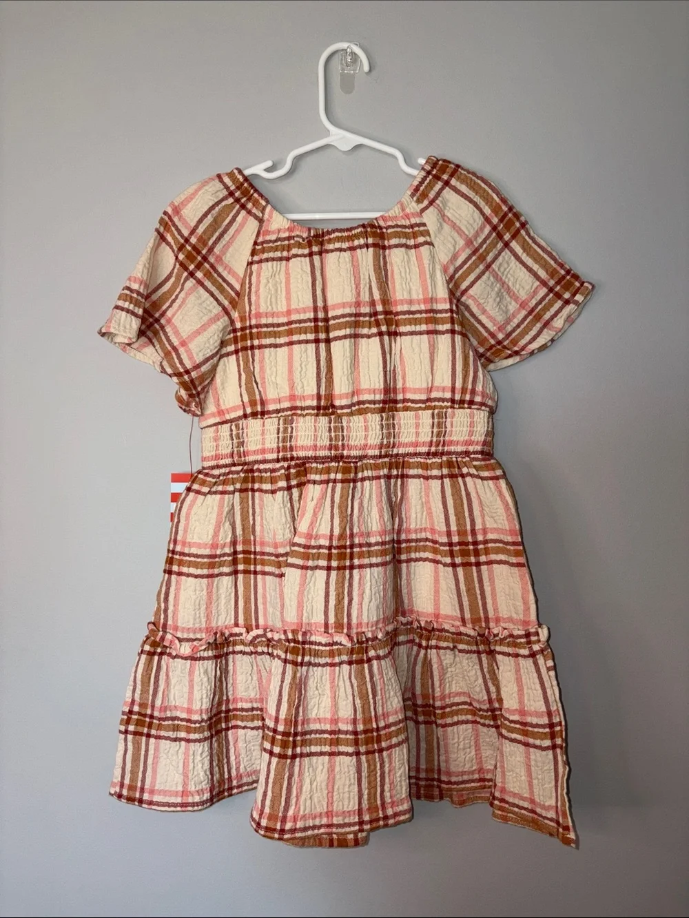 NWT Cat & Jack Cream and Pink Plaid Smocked Waist Dress Youth S