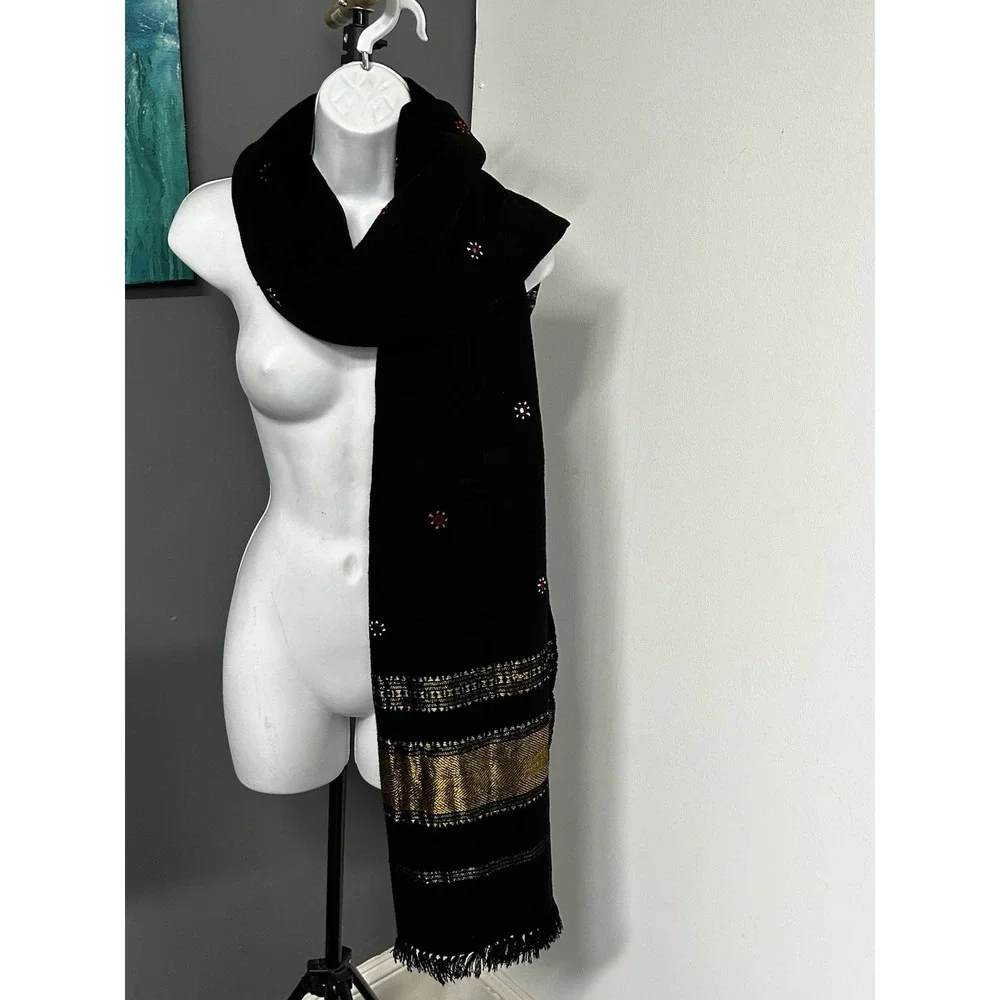 Unbranded‎ Wool Blend Embroidered Metallic Fringed Scarf 82 X 38.5 Gypsy Boho