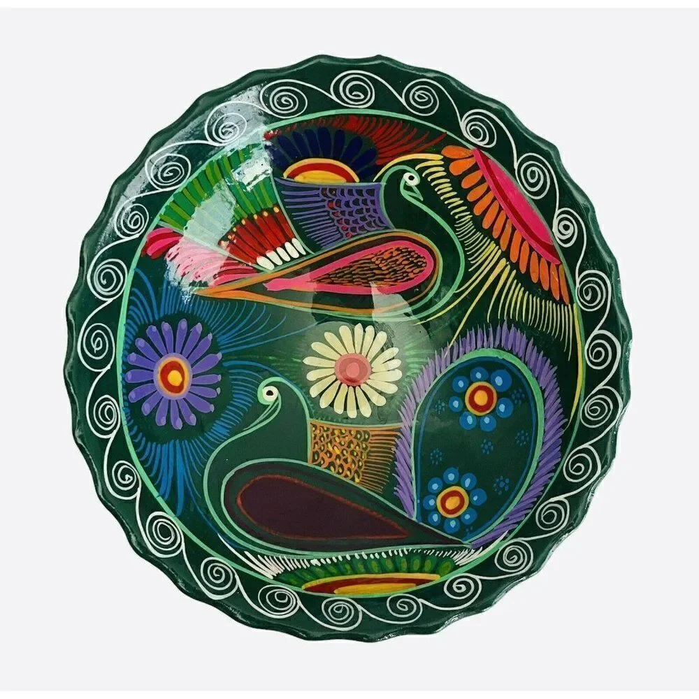 Talavera Hand Painted Peacock Footed Bowl Bright Colors Mexico Handmade Flowers