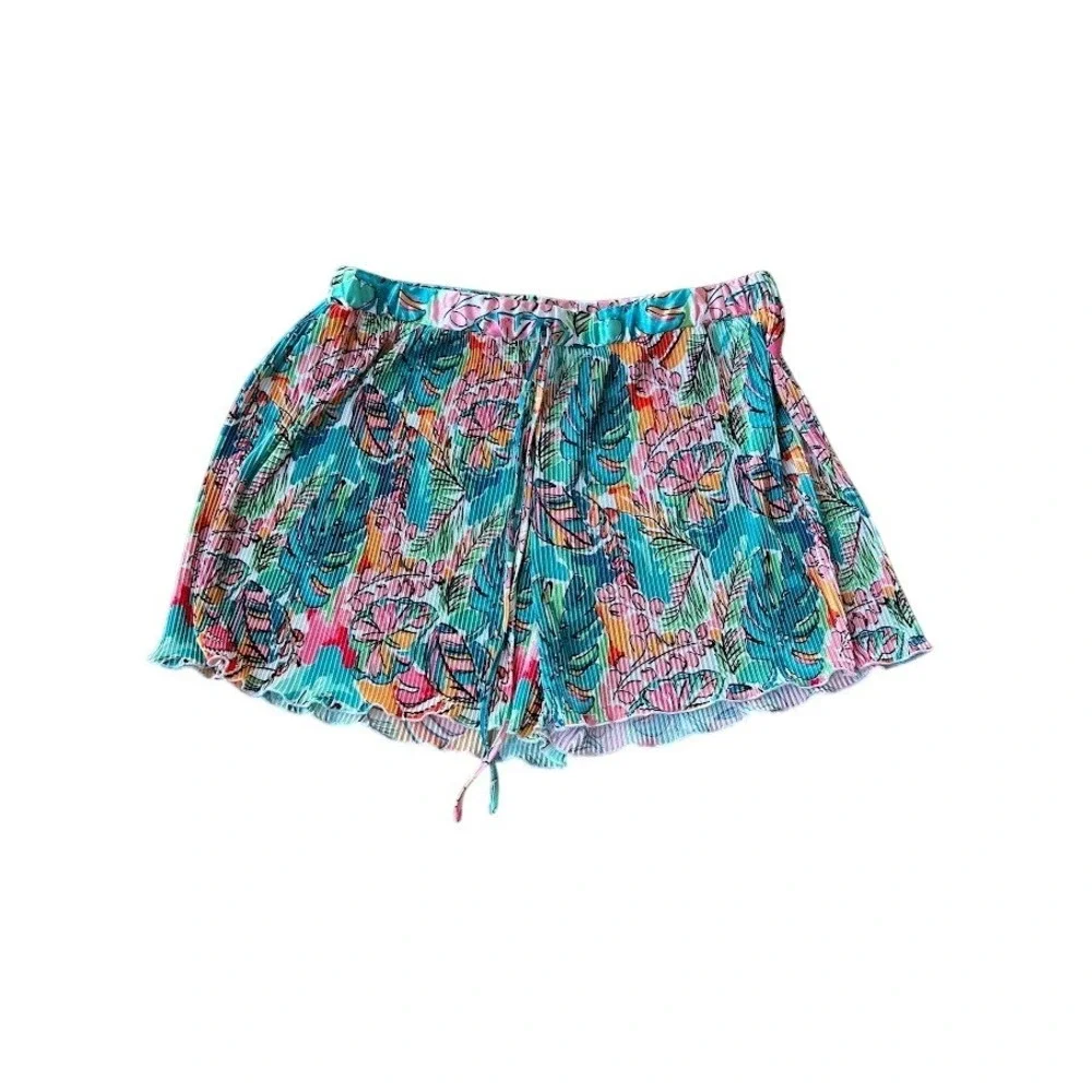 Jess Lea Pleated Tropical Floral‎ Print Drawstring Lounge Shorts Women's 2X