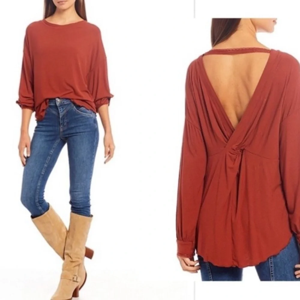 Free People Shimmy Shake Cowboy Long Sleeve Pullover V-Back Top Size Small Women
