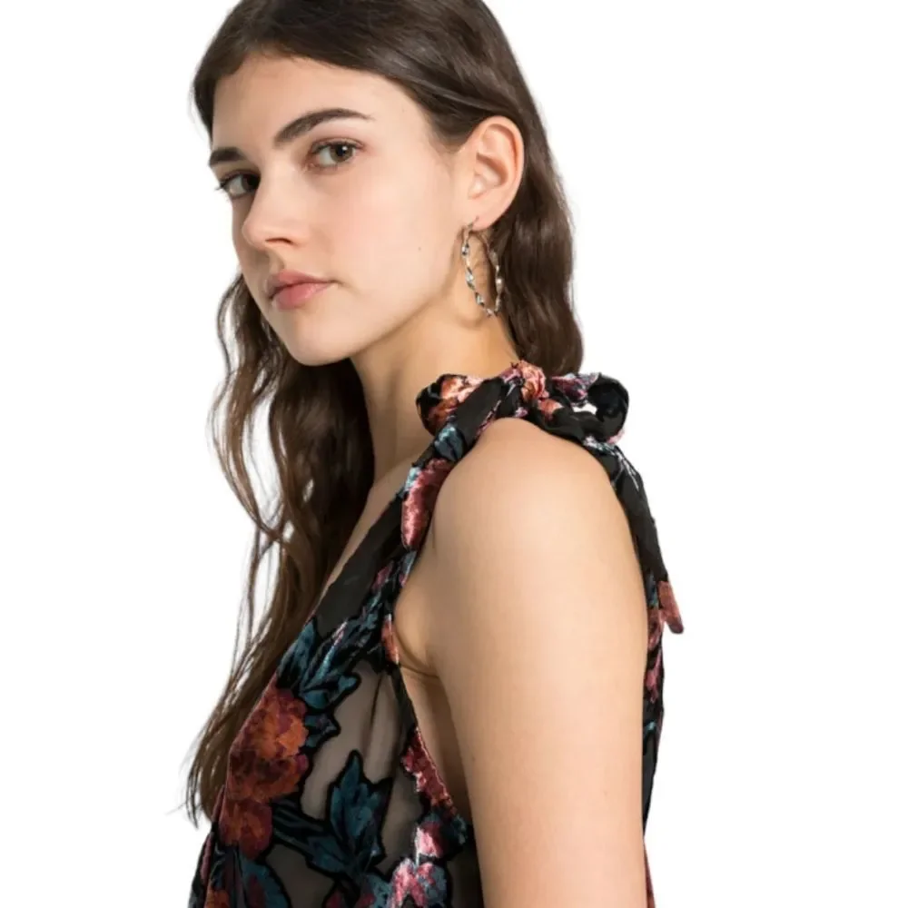 FREE PEOPLE “Tied‎ to You” Floral Velvet V-Neck Tie Shoulder Sleeveless Tank