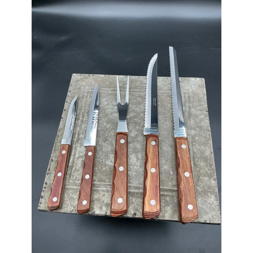 Vintage Forgecraft Washington Forge 5 Piece Knife Set with Wood Wall Block Japan