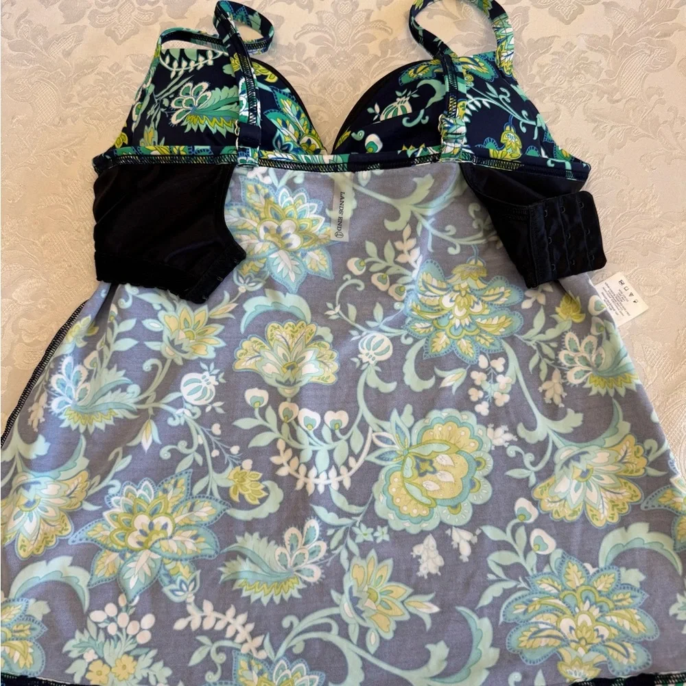Lands' End Size‎ 32DD/34D Blue Green Floral Tankini Top Underwire Bra Swimsuit