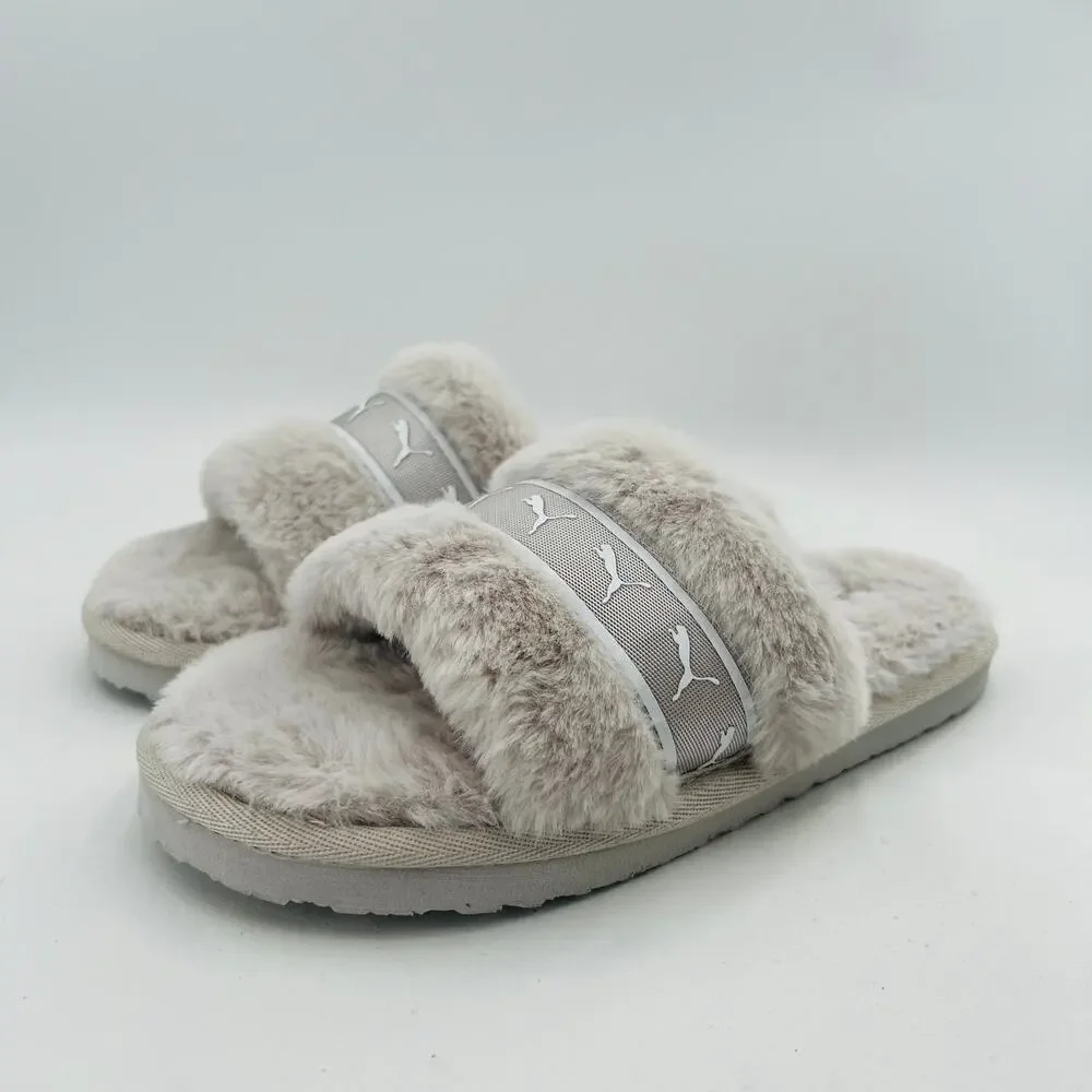 PUMA Fluff Remix Faux Fur Women's Shoes Slide Gray Sandals Size 5