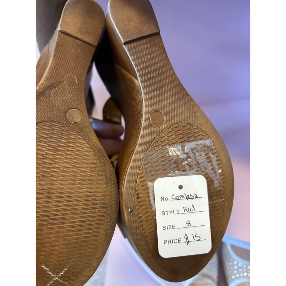 Contessa Yellow‎ Leather Laser Cut T-Strap Platform Wedge Sandals Size 8M Italy