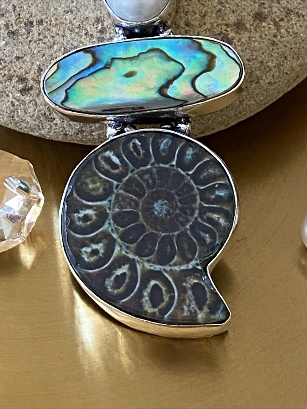 Ammonite Fossil, Abalone Shell And Pearl Pendant