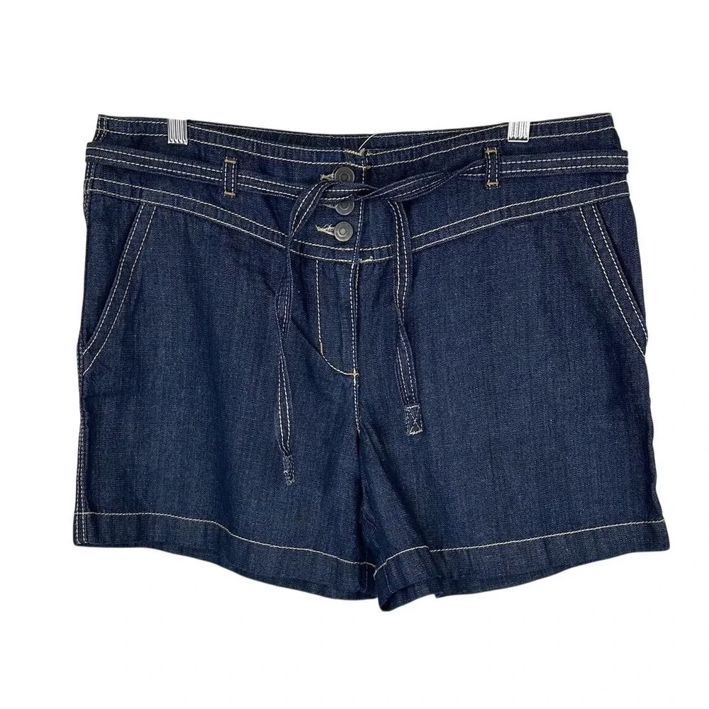 NWT‎ Ann Taylor LOFT Shorts Cotton Linen Blend Blue Chambray Belted Women's 10
