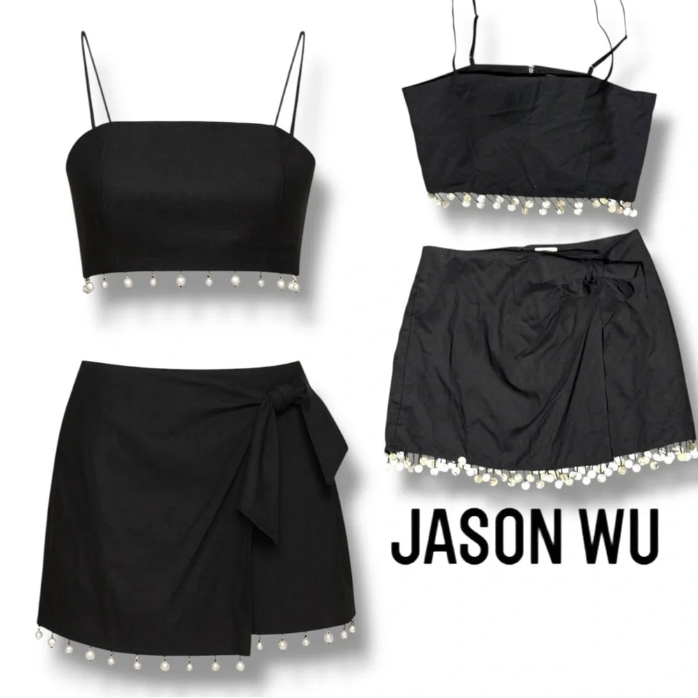 Jason Wu linen blend 2 piece tank skirt set coastal boho‎ festival beaded fringe