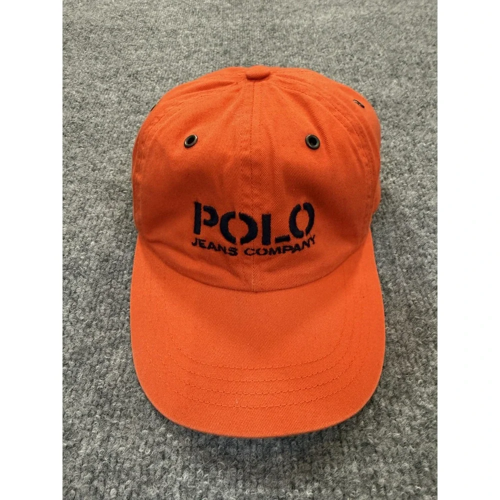 Vtg Polo Jeans Hat Mens Leather Strap Back Orange Dad‎ Cotton Twill