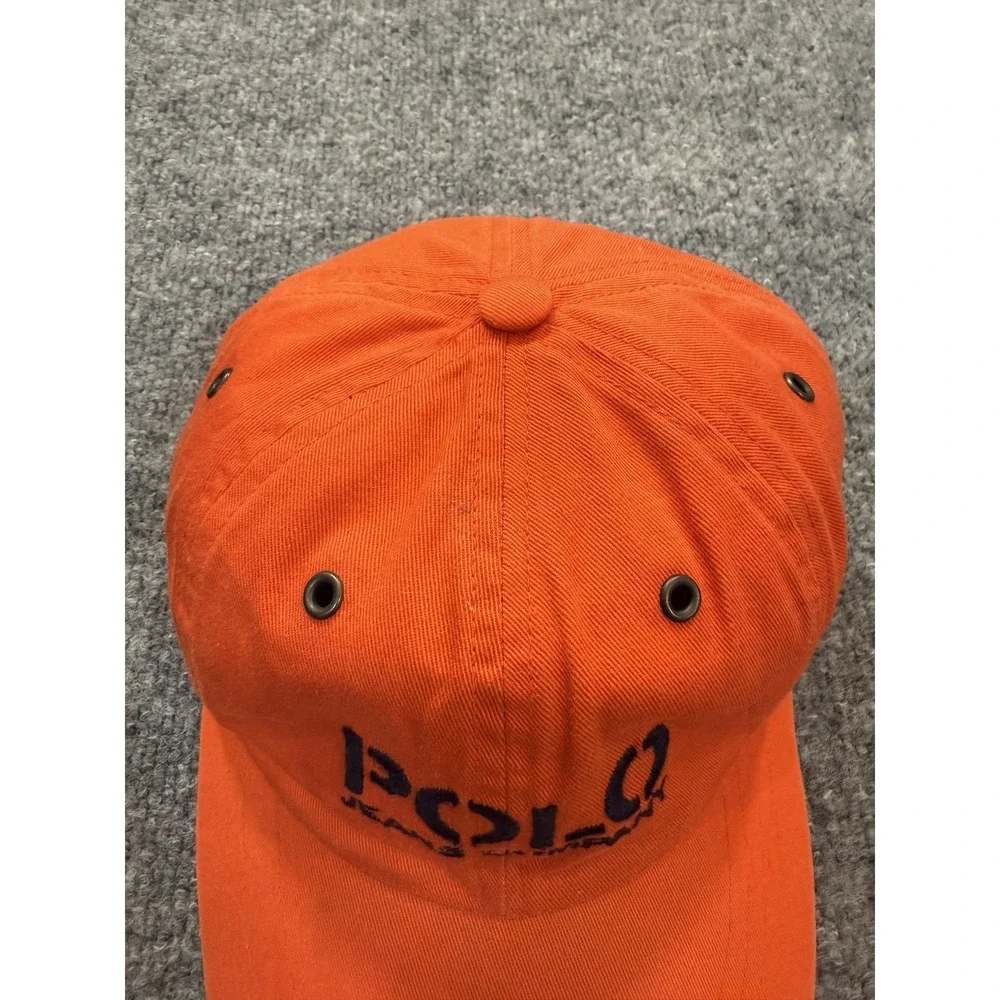 Vtg Polo Jeans Hat Mens Leather Strap Back Orange Dad‎ Cotton Twill