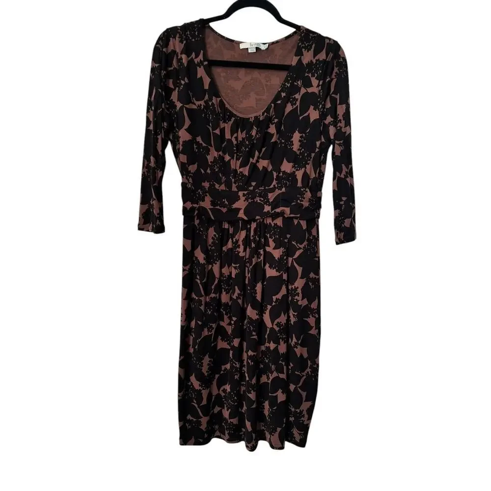 Boden Dress Size 12R Brown‎ Black Floral Print Ruched Waist Jersey Scoop Neck