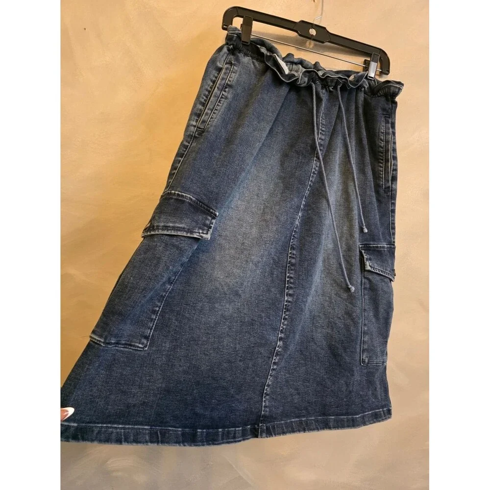 Wash Lab Drawstring Paper Bag Waist Cargo Denim Skirt Patch Pockets Womens M