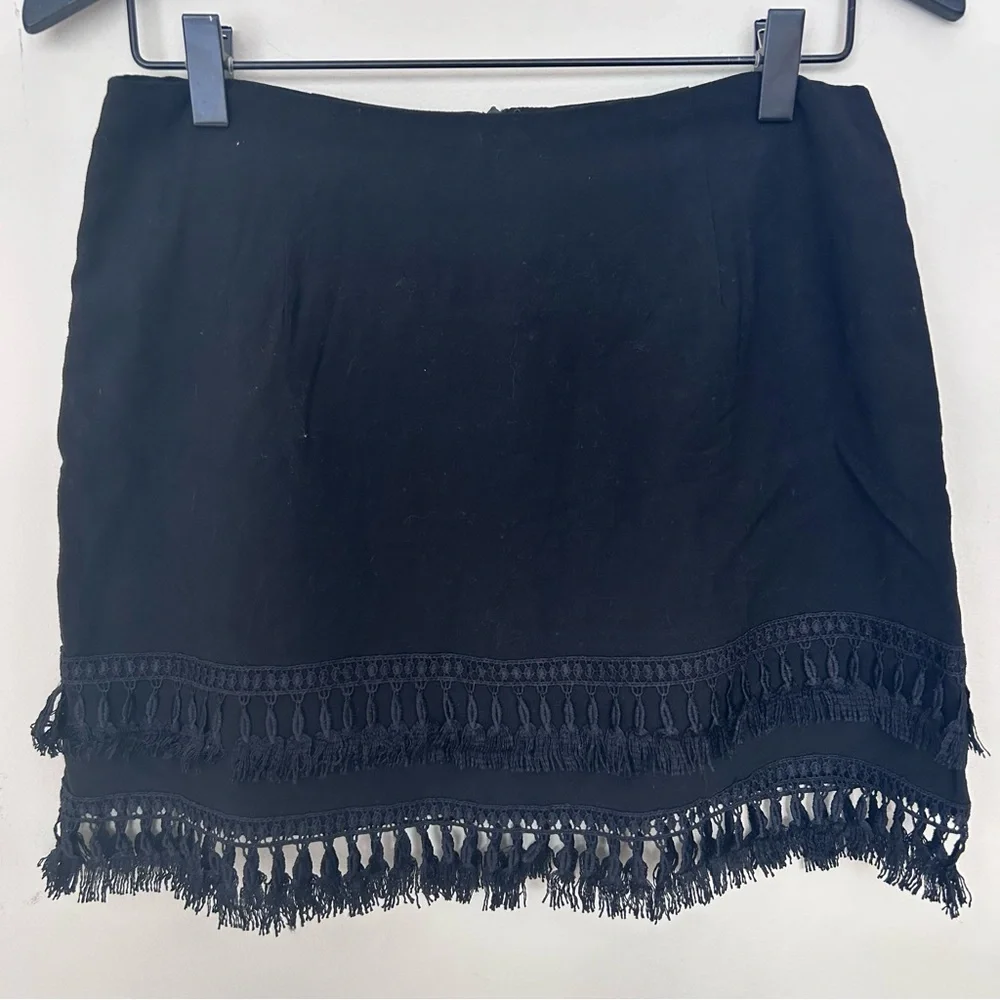 Lulu's black Tiered Tassel Mini Skirt sz M Boho Indie Festival West