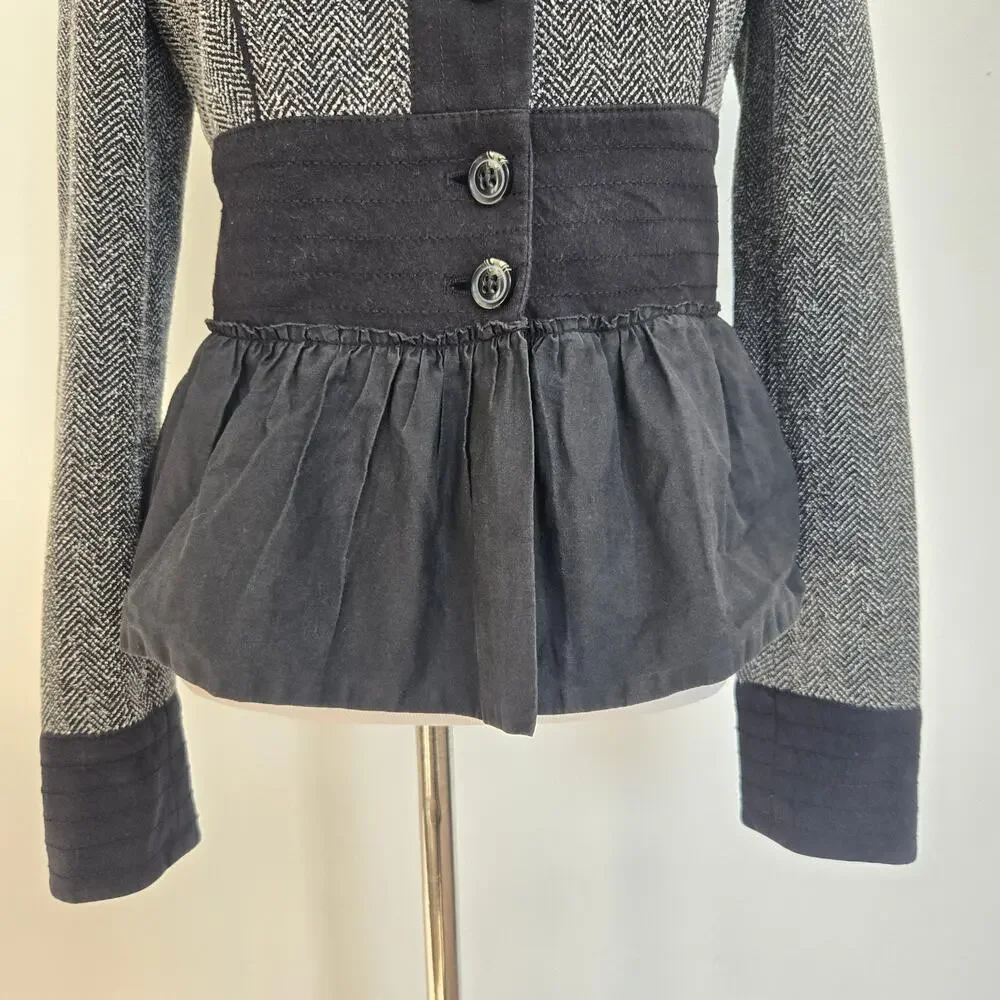 Anthropologie Military Jacket Herringbone Ruffle Hem Structured Black Women 4