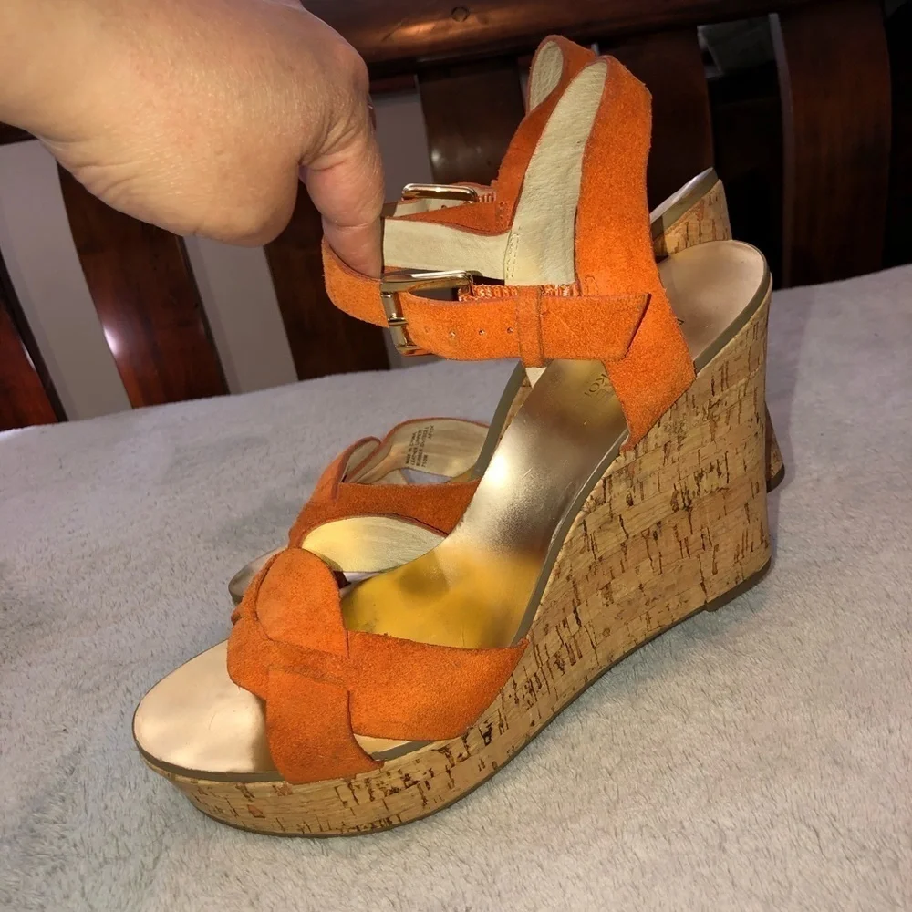 MICHAEL Michael Kors Orange Suede Amber Cork Wedge Ankle Strap Sandals