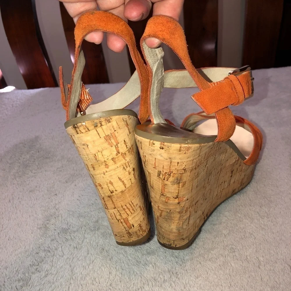 MICHAEL Michael Kors Orange Suede Amber Cork Wedge Ankle Strap Sandals