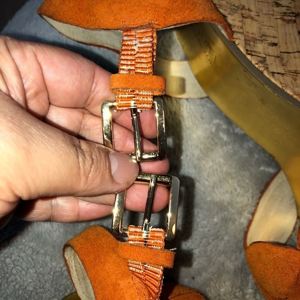 MICHAEL Michael Kors Orange Suede Amber Cork Wedge Ankle Strap Sandals