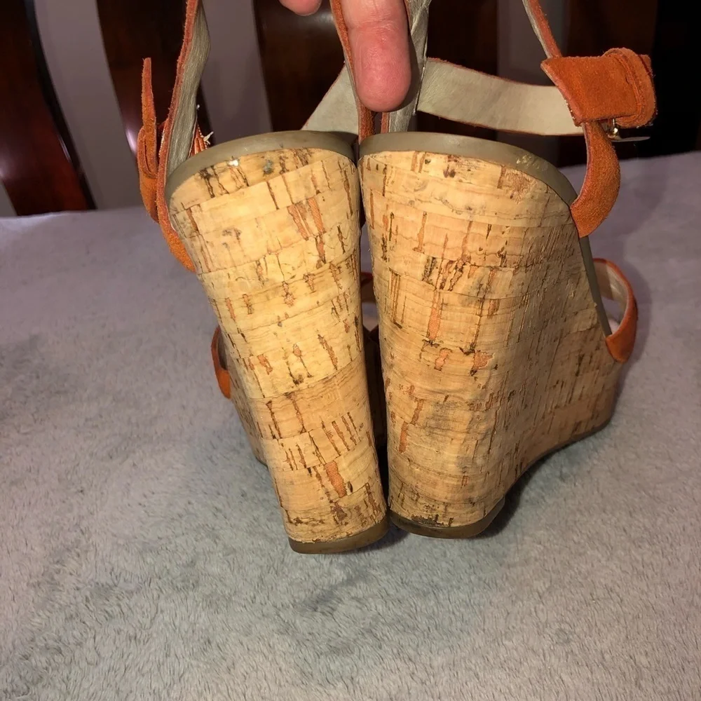 MICHAEL Michael Kors Orange Suede Amber Cork Wedge Ankle Strap Sandals
