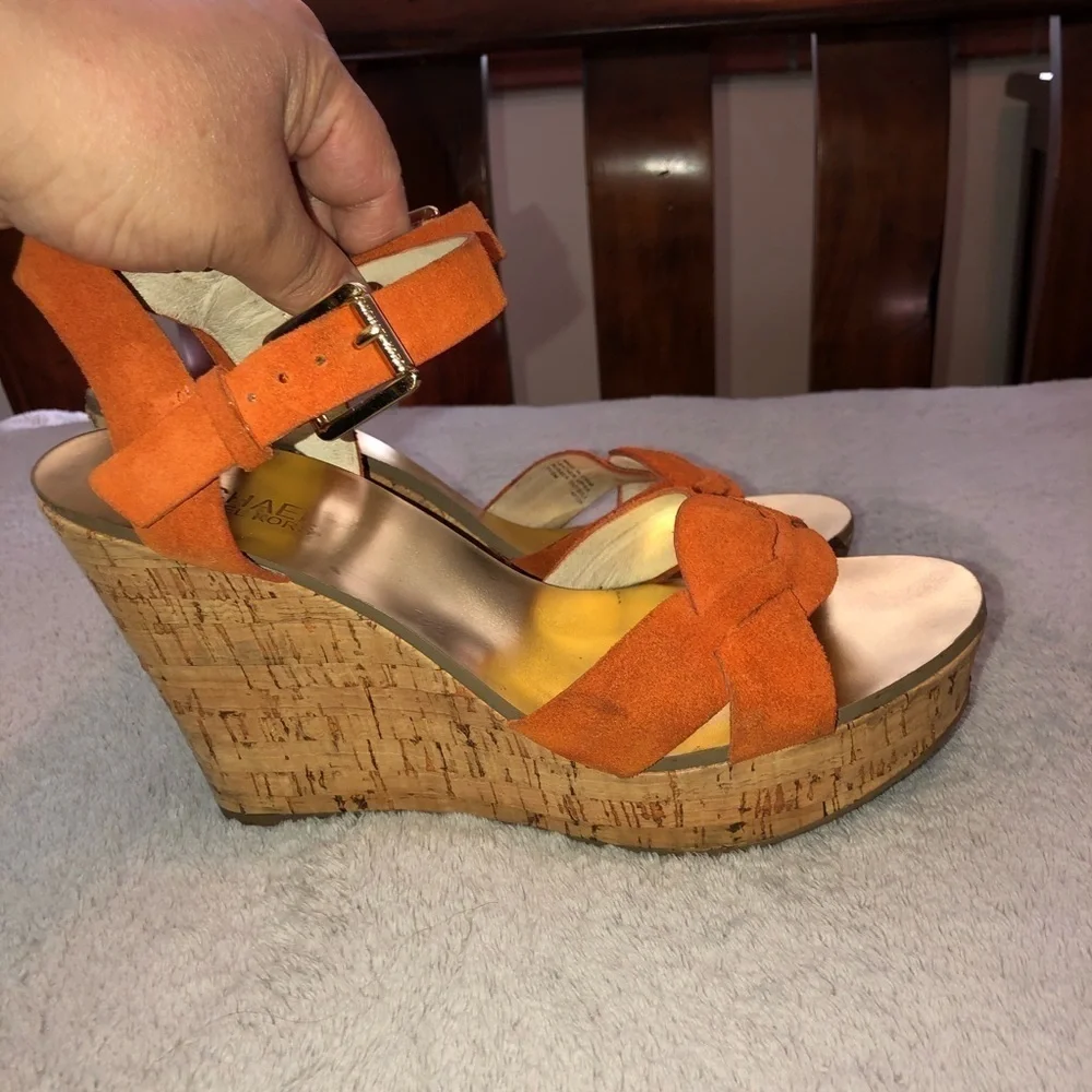 MICHAEL Michael Kors Orange Suede Amber Cork Wedge Ankle Strap Sandals