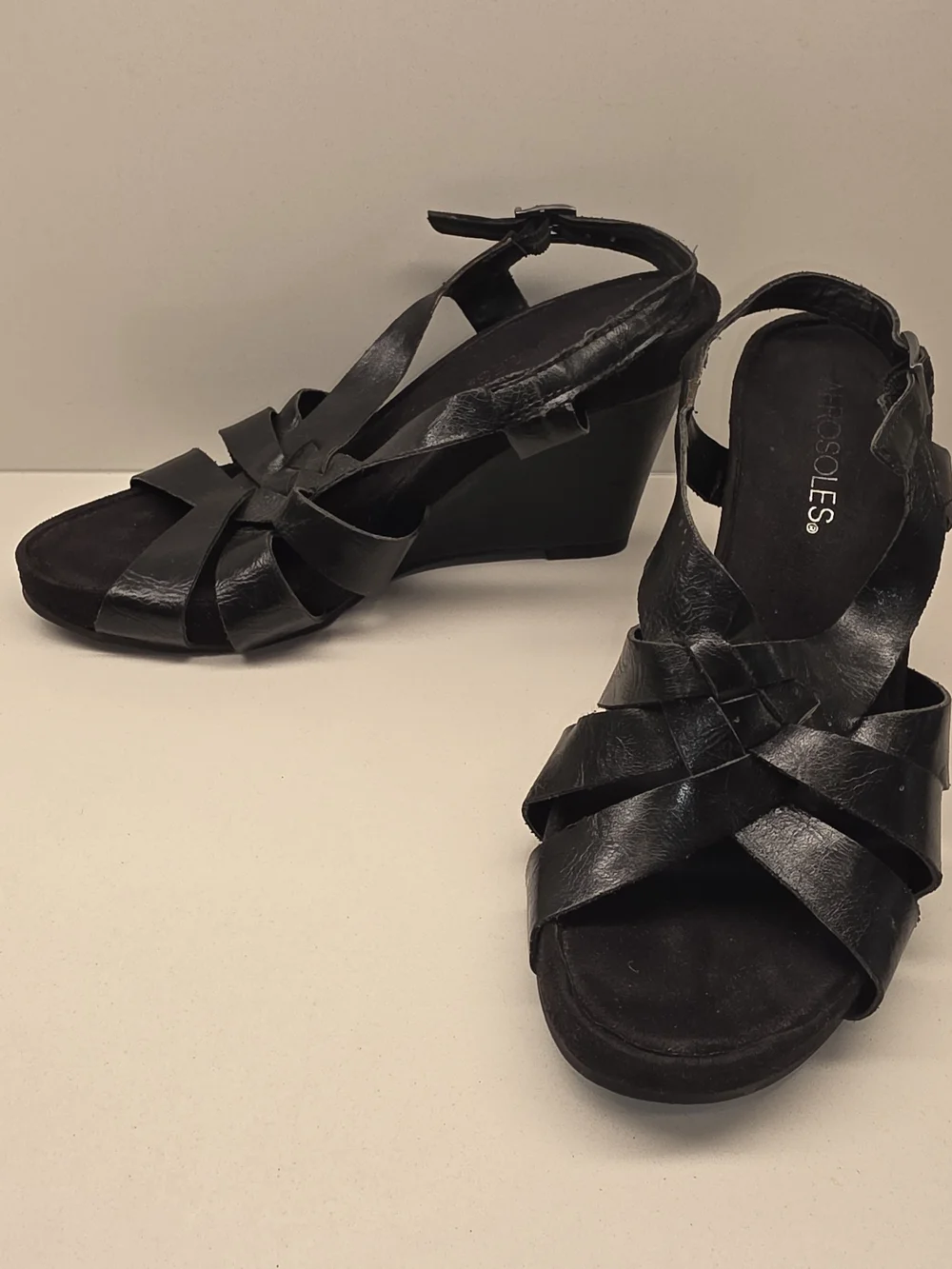 AEROSOLES Black Strappy Leather Wedge Sandals - Women
