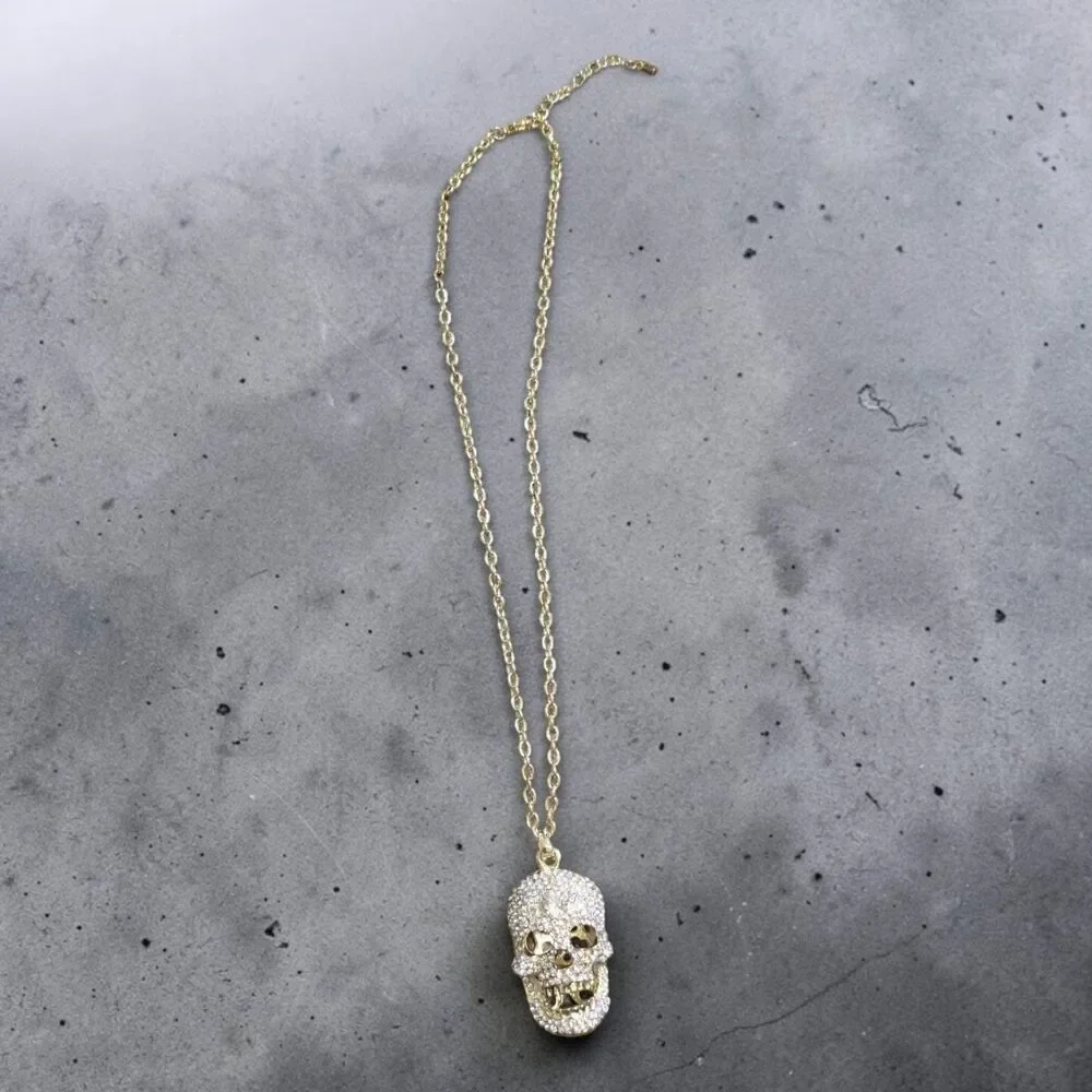 Rhinestone Skull Pendant Necklace, Gothic Halloween Statement Jewelry