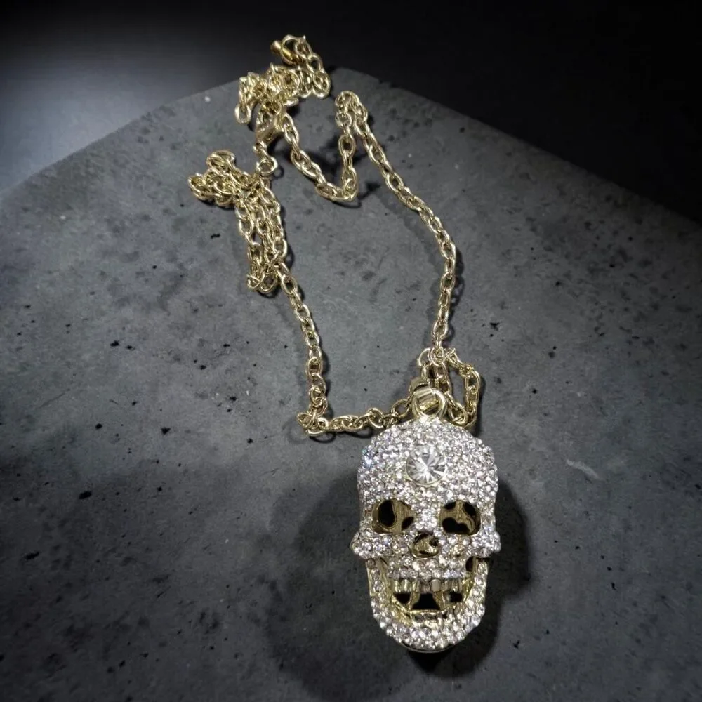 Rhinestone Skull Pendant Necklace, Gothic Halloween Statement Jewelry