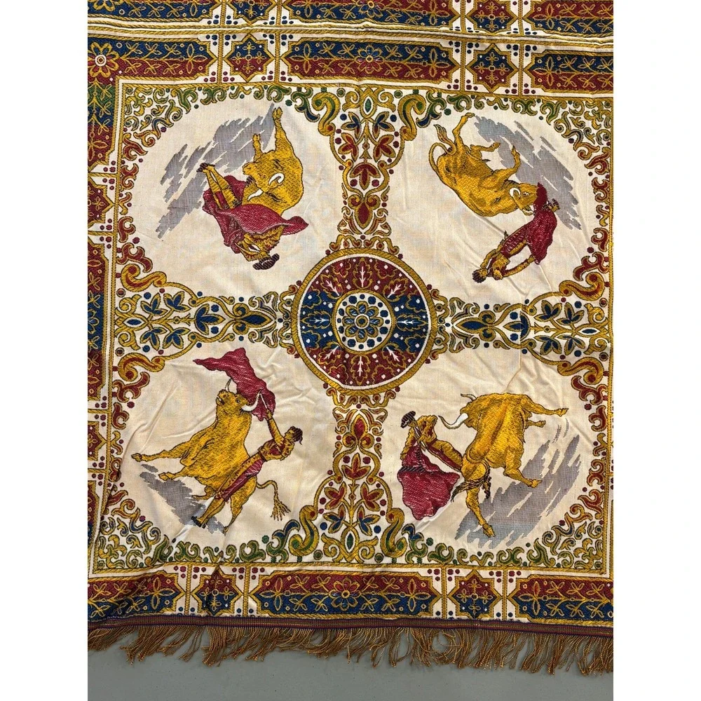 Vintage Spanish Tablecloth Tapestry Matador Bullfighter Woven Fringed Square 57