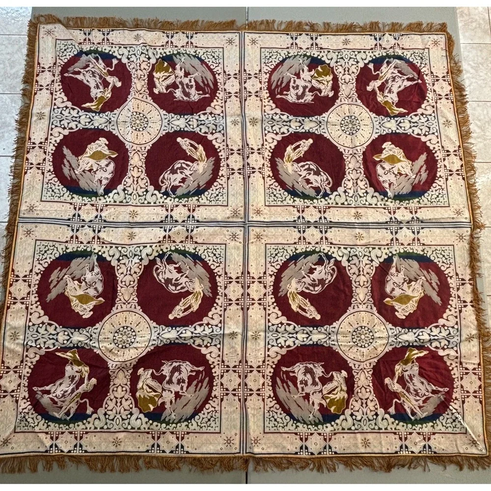 Vintage Spanish Tablecloth Tapestry Matador Bullfighter Woven Fringed Square 57