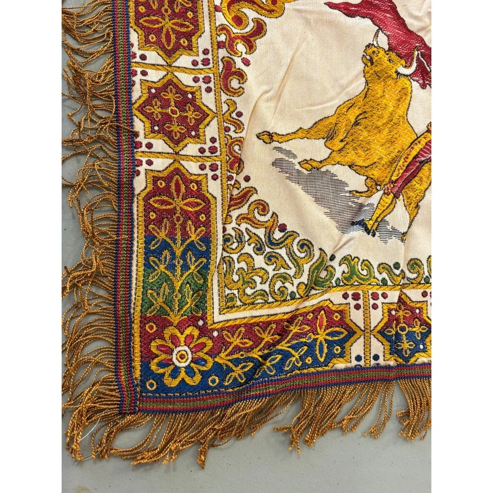 Vintage Spanish Tablecloth Tapestry Matador Bullfighter Woven Fringed Square 57