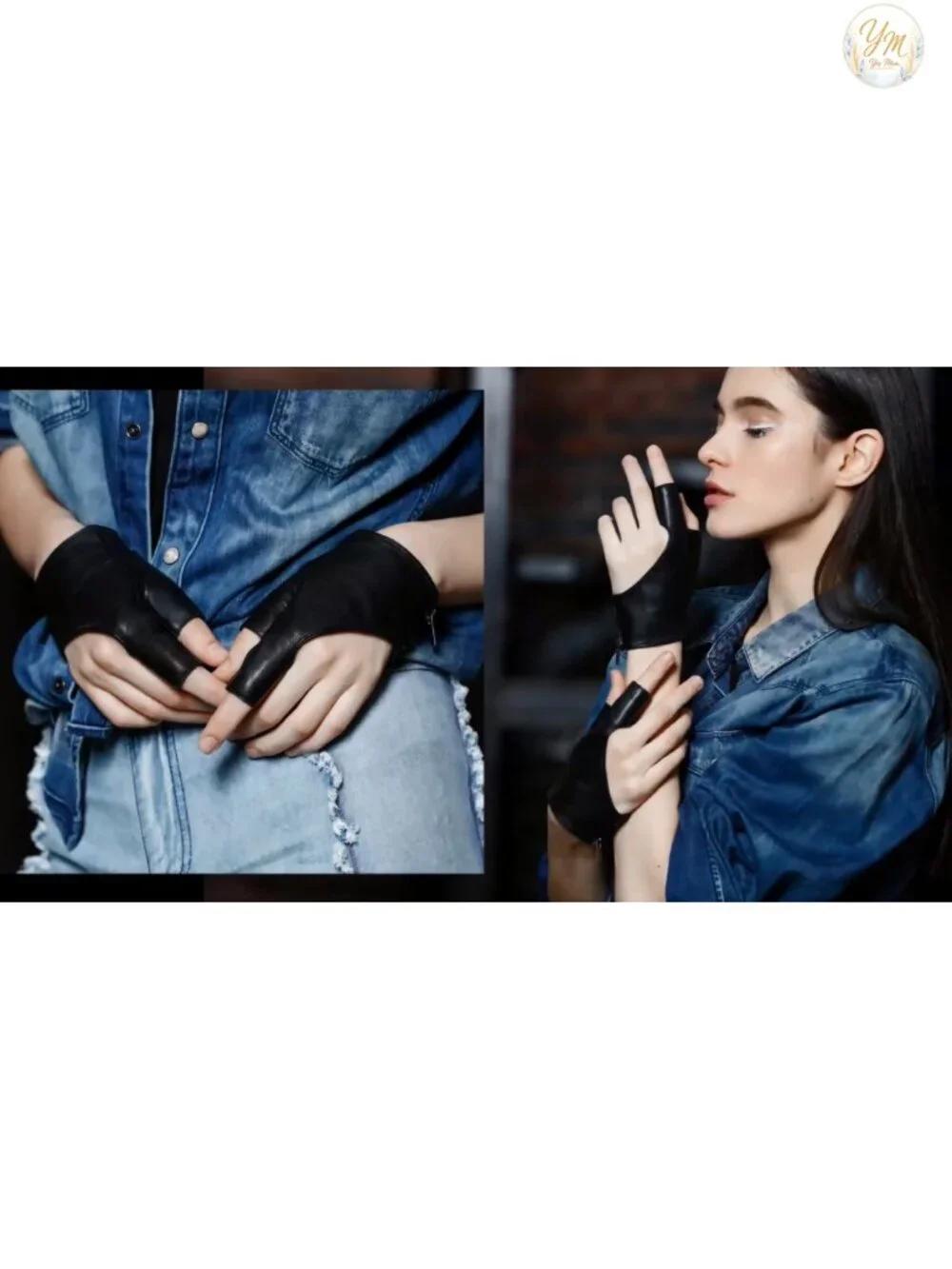 Genuine Leather Fingerless Driving Gloves Women's Half Finger Punk Style