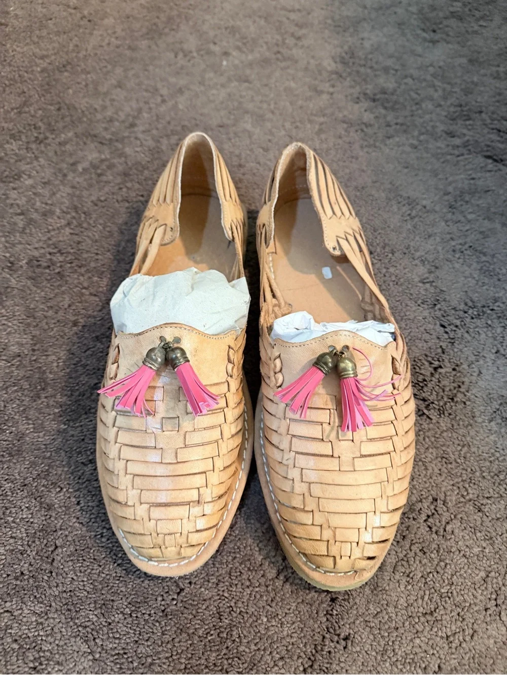 Woven Leather Tassel Loafers - Tan with Pink Tassels