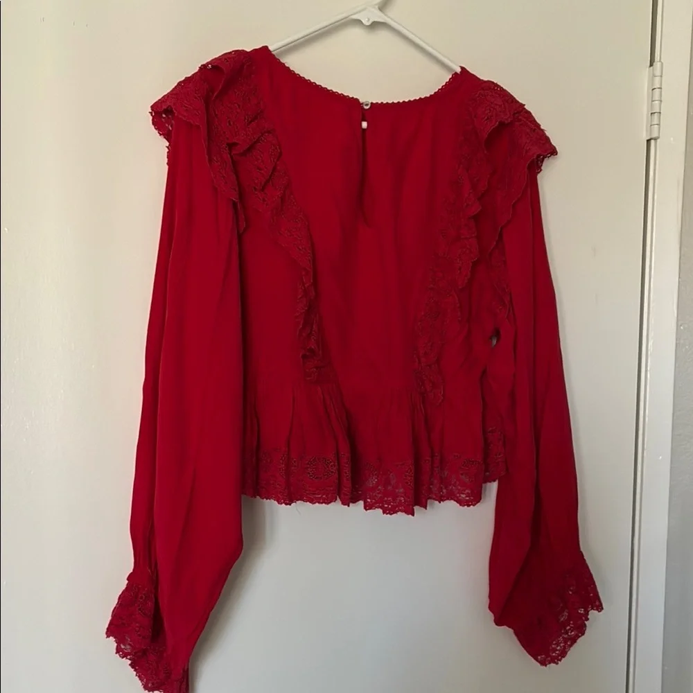 Free People Red Ruffled Bell Sleeve Crop Blouse