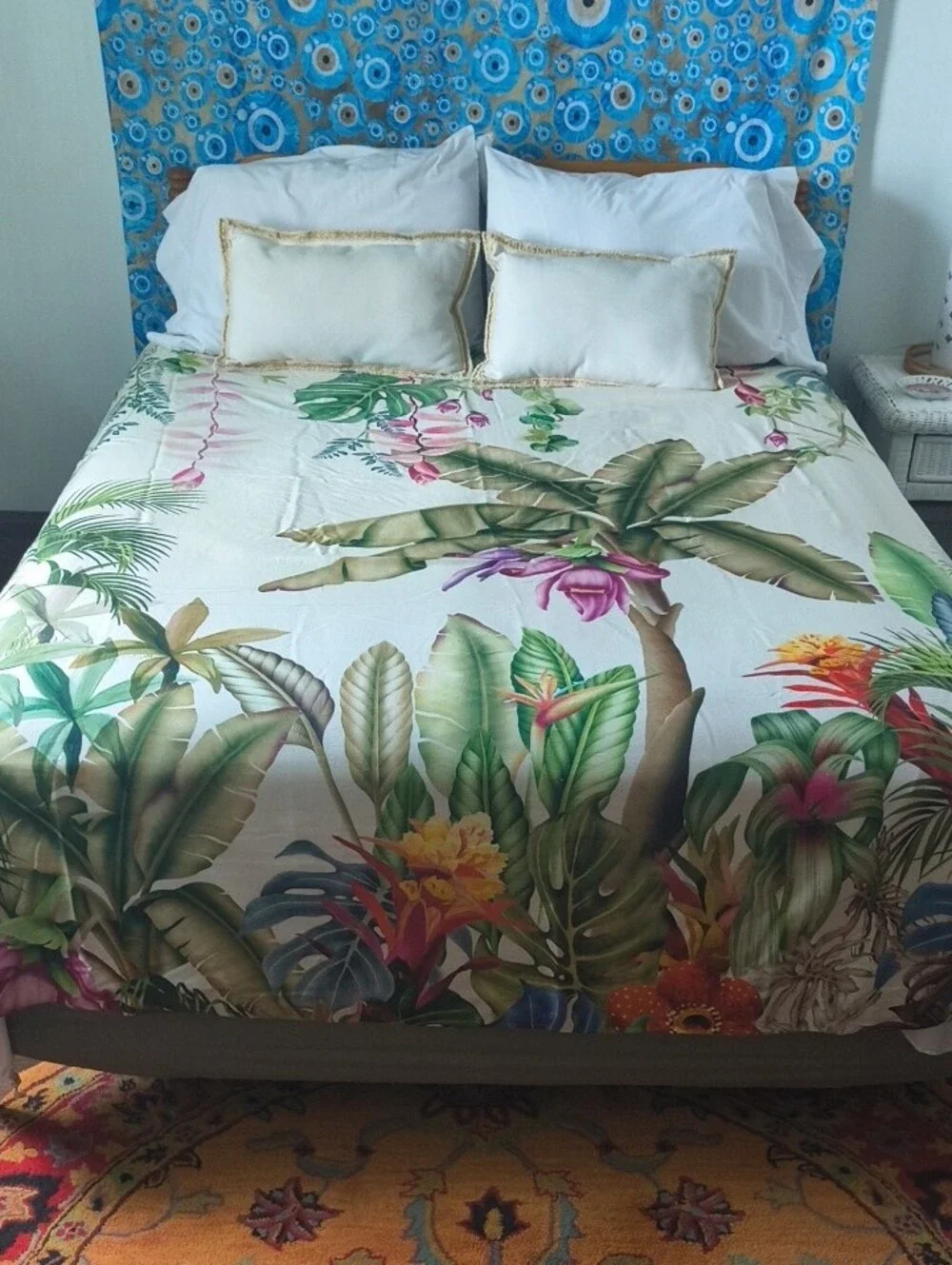 Tropical Botanical Print Queen Duvet Cover - Cream with Green and Pink