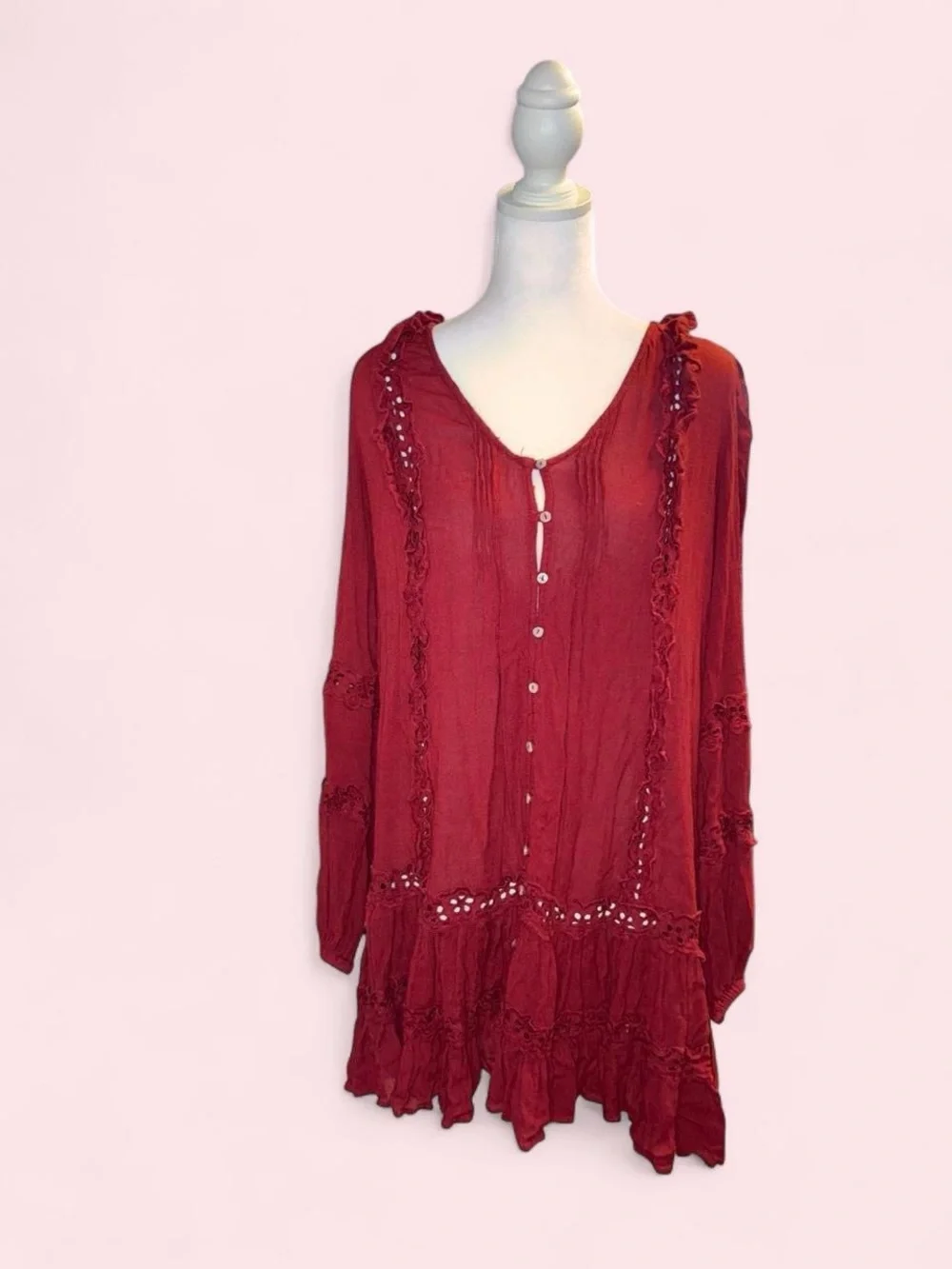 Free People Burgundy Button-Front Ruffle Tiered Midi Dress