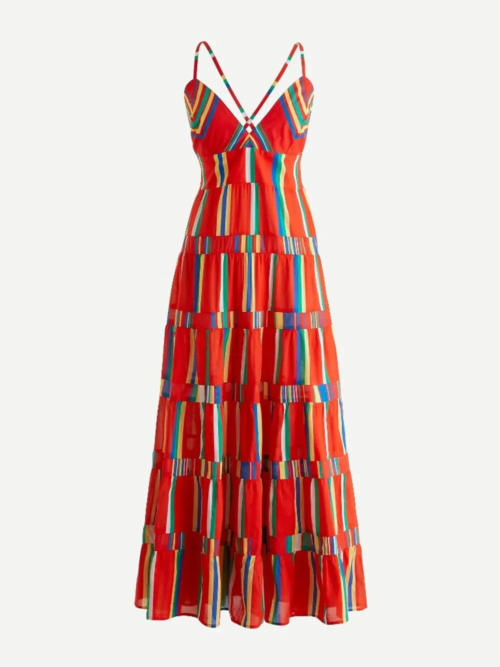 NWT J.Crew Tiered Cotton Voile Maxi in Red Multi Stripe Cross Strap Dress L